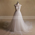 Exuqisite beads work and applique lace A-line long train wedding gown